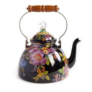 NWT Mackenzie -Childs Vibrant Floral Black Teapot 3 Quart